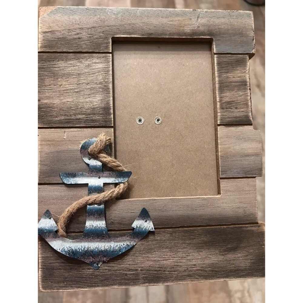 Rustic Nautical Wood Picture Frame – Metal Anchor & Rope – 4x6 Photo